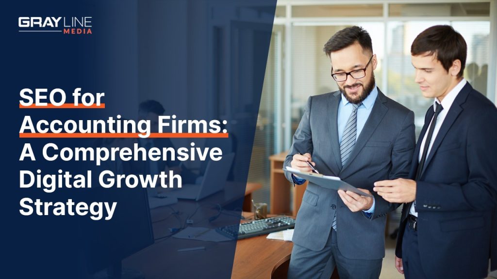 SEO for accounting firms article’s feature image showing two professionals reviewing documents in an office.